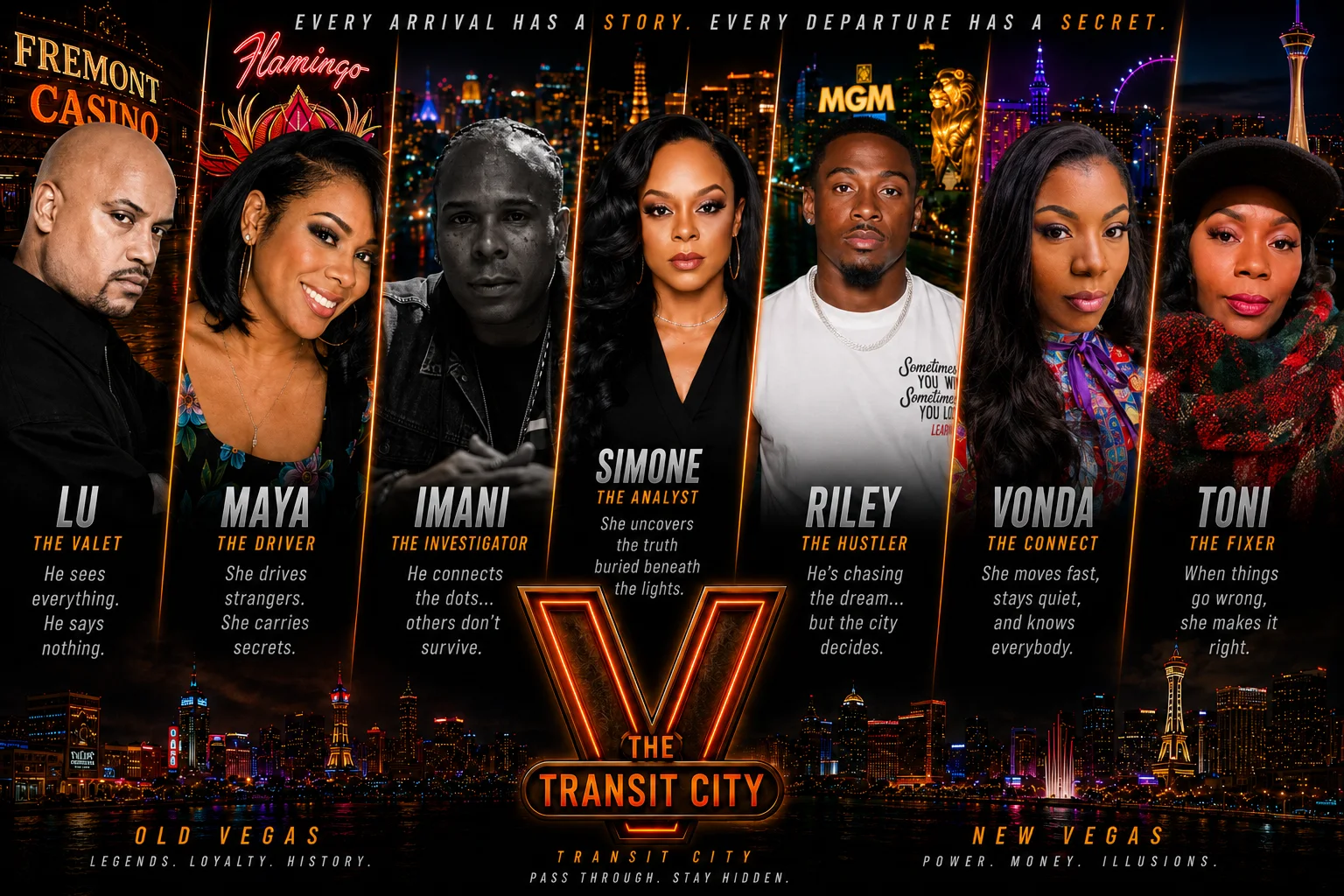 V: The Transit City starting cast poster. Lu, Maya, Imani, Simone, Riley, Vonda and Toni against Las Vegas at night.